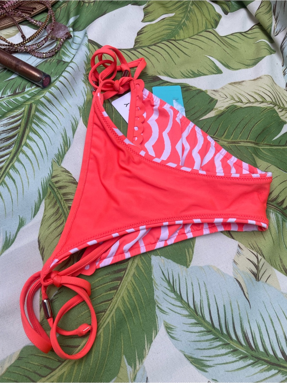 Seafolly NWT Sz 2 Tidal Wave Brazilian Side Tie Bikini Bottom in Nectarine/White - Picture 7 of 10